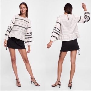 Zara Boho Blouse with Pompoms Cream Black Size X Small